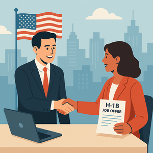 Illustration of a job seeker navigating H-1B visa sponsorship in 2025