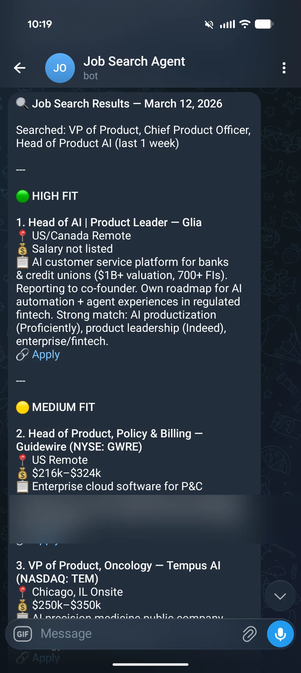 Job search results from Claude showing roles ranked by fit level